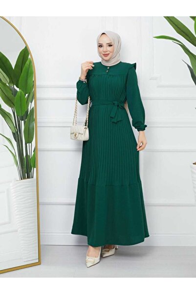 SHUKUR Omuzu Fırfırlı Piliseli Elbise