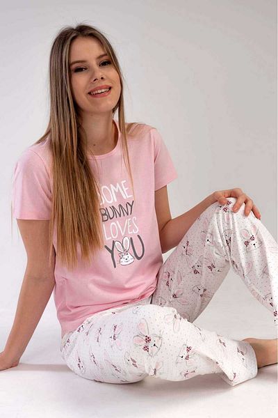 New Pajamas Women's Pink Short Sleeve Patterned Crew Neck Oval Skirt Single Jersey Pajama Set