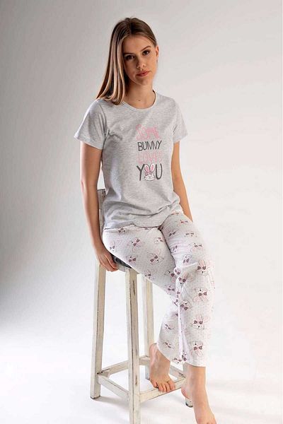 New Pajamas Set de pijamale pentru femei, cu decolteu rotund, cu model gri, cu tiv oval, cu mânecă scurtă