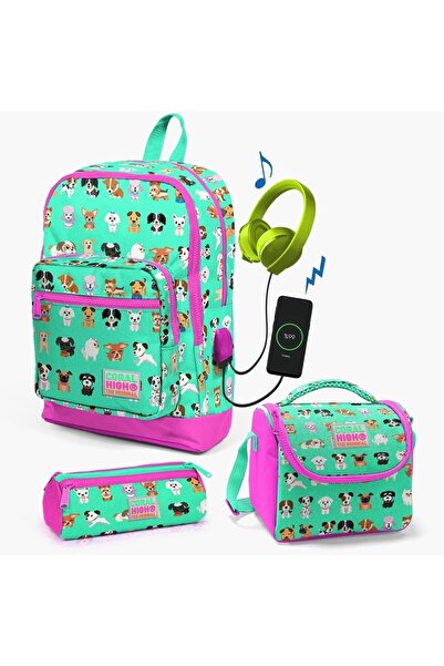 Yaygan Coral High Kids Su Yeşili Neon Pembe Köpek Desenli 3’lü Okul Çanta Seti