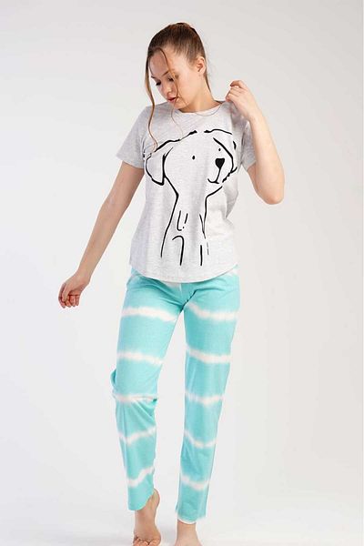 New Pajamas Set de pijamale cu tiv oval cu mâneci scurte, cu decolteu, cu model verde apă gri
