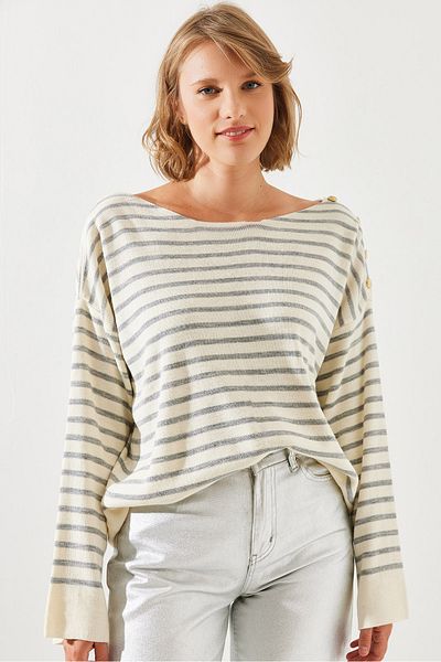 Bianco Lucci Striped Shoulder Buttoned Women's Sweater - 20247511