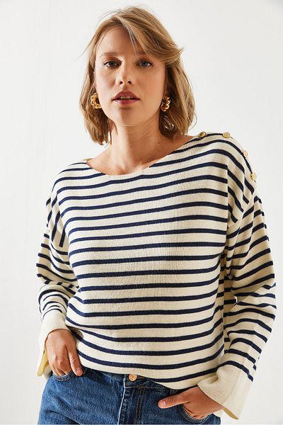 Bianco Lucci Striped Shoulder Buttoned Women's Sweater - 20247511
