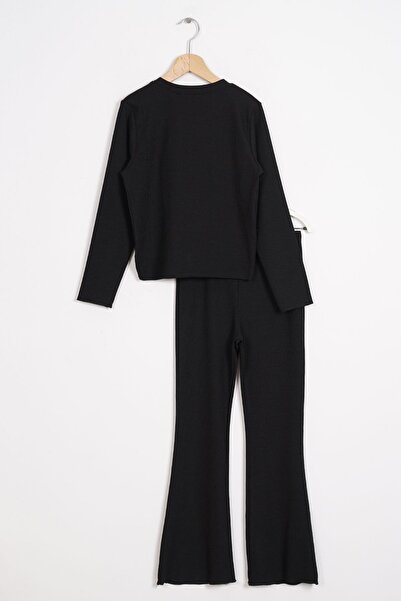 zepkids Black Printed Long Sleeve Crew Neck Girl's Trousers Set