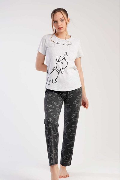 New Pajamas Set de pijamale pentru femei, cu decolteu rotund, cu model gri, cu tiv oval, cu mânecă scurtă