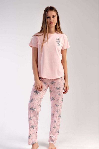 New Pajamas Powder Colored Butterfly Patterned Women's Pajamas Set - Crew Neck, Short Sleeve, Oval Skirt