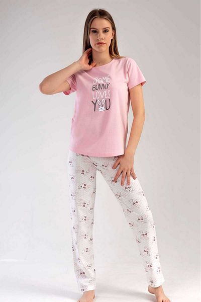 New Pajamas Women's Pink Short Sleeve Patterned Crew Neck Oval Skirt Single Jersey Pajama Set