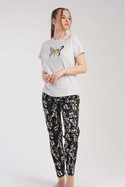 New Pajamas Gray Butterfly Patterned Crew Neck Oval Skirt Single Jersey Pajama Set - Short Sleeve