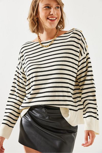 Bianco Lucci Striped Shoulder Buttoned Women's Sweater - 20247511