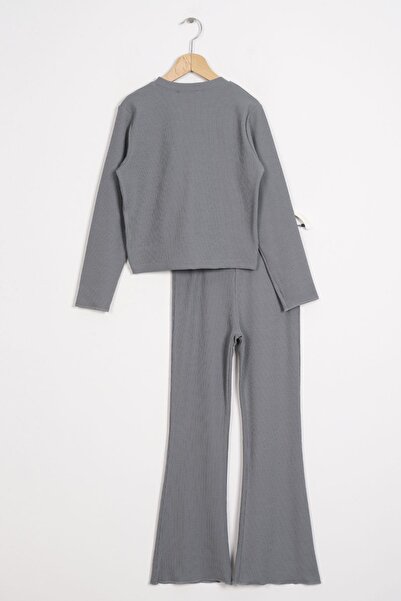 zepkids Bisiklet Yaka Uzun Kol Baskılı Antrasit Renk Kız Çocuk Pantolon Takım