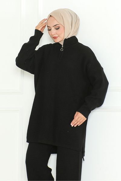 Bestenur Black Knitwear Set - Zippered Tunic and Trousers 1126