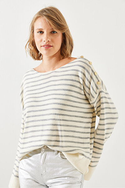 Bianco Lucci Striped Shoulder Buttoned Women's Sweater - 20247511