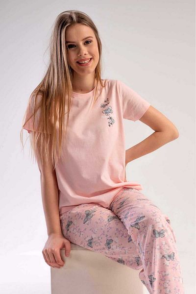 New Pajamas Powder Colored Butterfly Patterned Women's Pajamas Set - Crew Neck, Short Sleeve, Oval Skirt