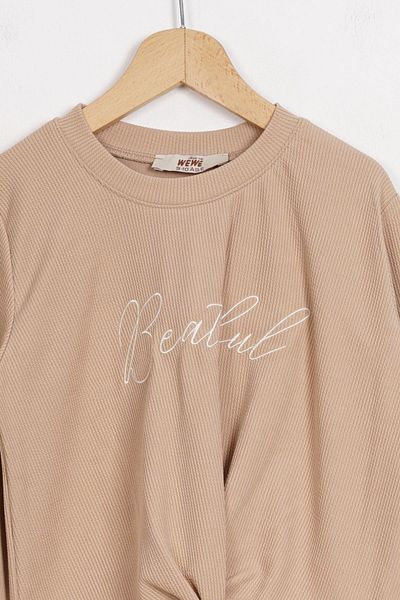 zepkids Beige Colored Girl's Crew Neck Long Sleeve Printed Trousers Set