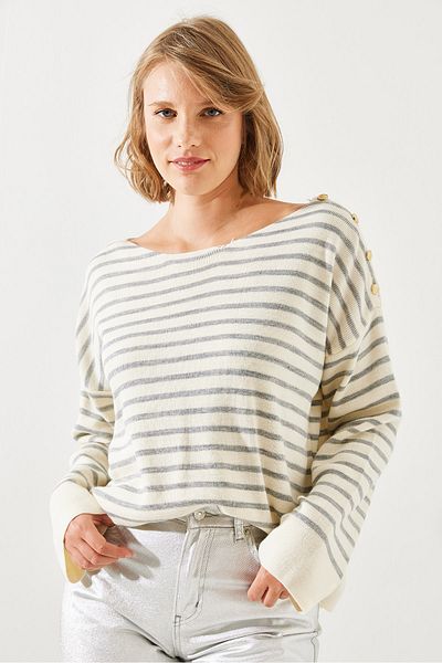 Bianco Lucci Striped Shoulder Buttoned Women's Sweater - 20247511