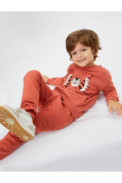 Koton Sweatshirt Lion Printed Kangaroo Pocket Ear Appliqued Long Sleeve Crew Neck Tiered Cotton
