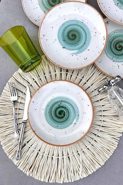 porselenden Tulu Porcelain Galaxy Turquoise Porcelain Modern Cream Handmade Cake Plate Serving Set for 6 Persons