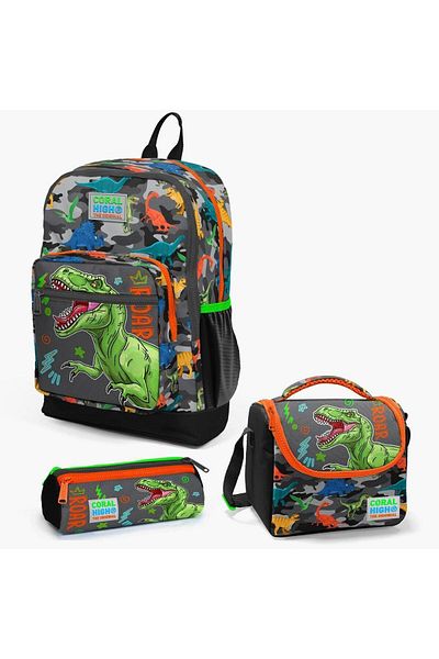 Yaygan Coral High Kids - 3-Piece Dinosaur Patterned Black Gray School Bag Set