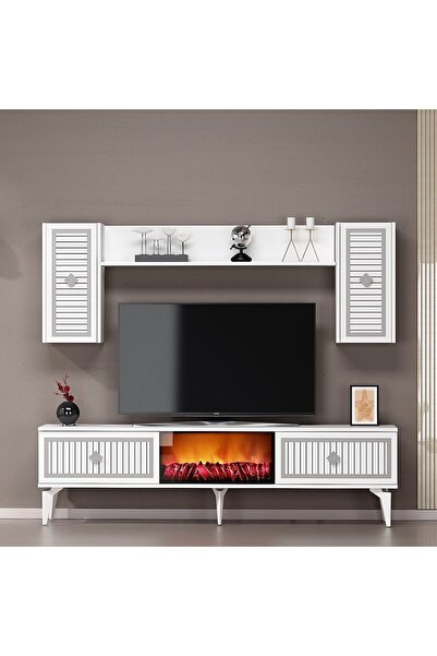 cantek dizayn Flame Şömineli Tv Ünitesi Takımı Beyaz-gümüş