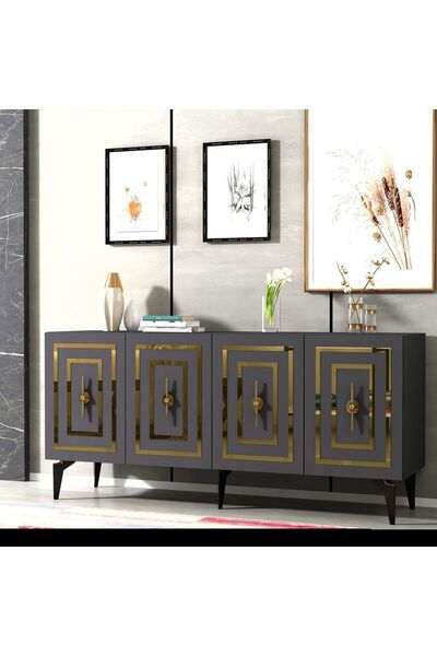 cantek dizayn VİOLLA LAZER DESENLİ 4 KAPAKLI KONSOL ANTRASİT-ALTIN