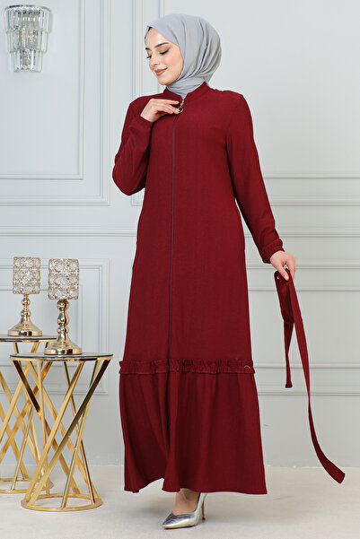 Moda Ebva Fırfır Detay Fermuarlı Ferace-5544 Bordo