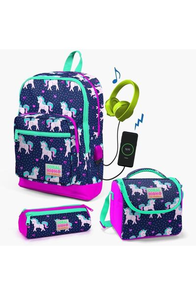 Yaygan Coral High Kids Lacivert Pembe Unicorn Desenli USB'li 2'li Okul Çanta ...