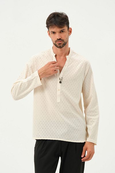 RELAXL Ανδρικό πουκάμισο μπεζ Oversize - 100% βαμβάκι, με αυτοσχεδιασμό