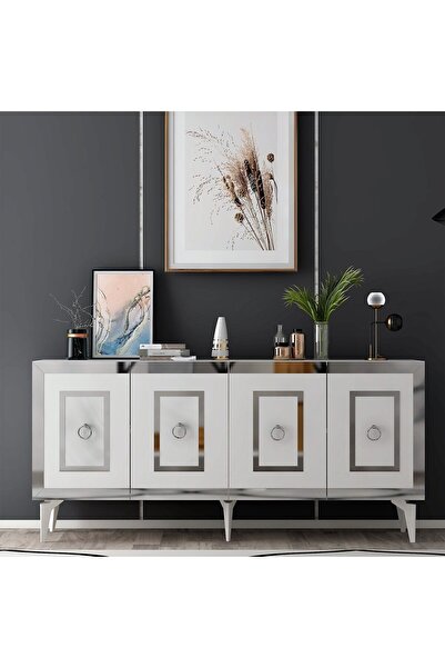 cantek dizayn Karrya Konsol 4 Kapaklı Raflı Beyaz-gümüş