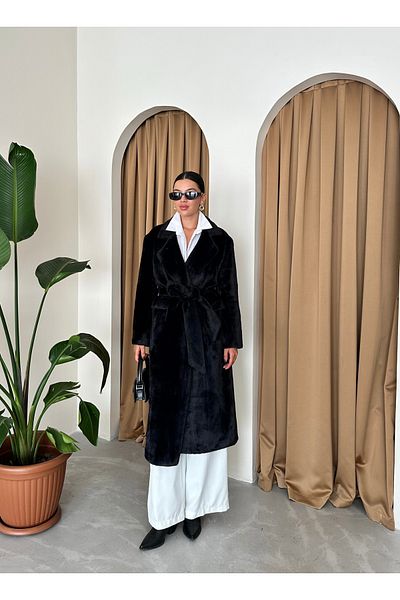 Laluvia Černý měkký dlouhý kabát Teddy Belted- 542127