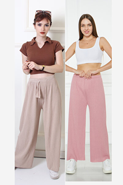 Rudaconcept سروال بيجامة مريح مكون من قطعتين باللون الوردي الكريمي - طقم بيجا...