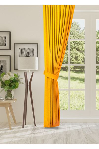 cheap's home Dark Yellow Honeycomb Textured Velvet - 1x2.5 Pleated Background Curtain