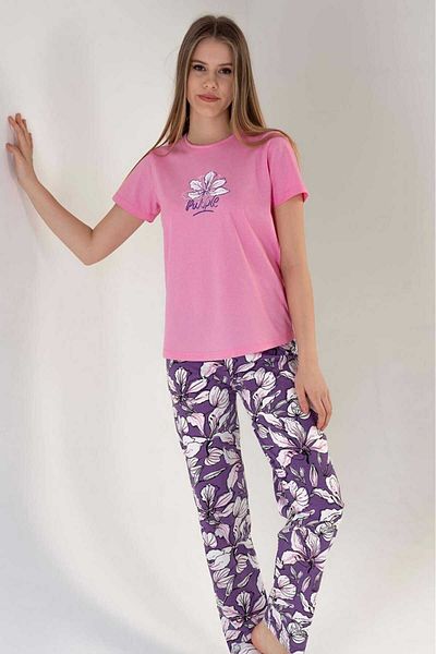 New Pajamas Pink Patterned Women's Pajama Set - Short Sleeve, Crew Neck, Oval Skirt