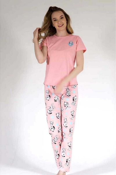 New Pajamas Powder Colored Women's Single Jersey Pajama Set - Short Sleeve, Patterned Crew Neck, Oval Skirt