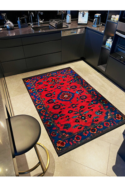 Rugs Modern Halı Koyu Mavi Kırmızı  Çiçekli Bordür Detaylı Antik Tasarım Seri...