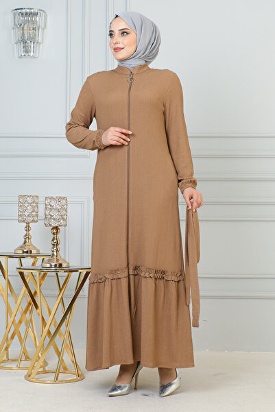 Moda Ebva Fırfır Detay Fermuarlı Ferace-5544 Vizon