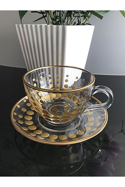DECOSTYLE Gold Polka Dot Pasabahce Teacup - 2 Pieces