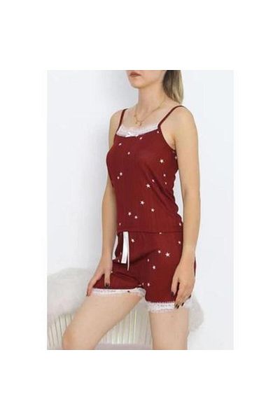 skycott Set de pijamale pentru femei de mărime mare cu model stea burgundy - pantaloni scurți cu bretele
