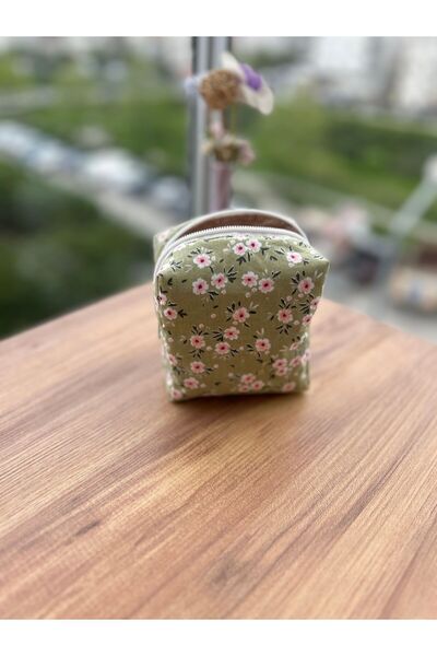 minyaturhayalim Yeşil minik Pembe çiçekli Minik makyaj ped çantası ölçüleri 1...