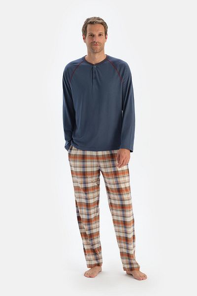 Dagi Langarm-Pyjama-Set aus dunkelblauem T-Shirt und Hose – Rundhalsausschnitt