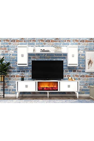 DEMONTE DECOR DORUK ŞÖMİNELİ TV ÜNİTESİ BEYAZ GÜMÜŞ