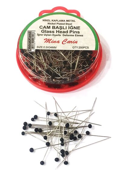 DikkatKesil Siyah Cam Başlı Toplu Iğne, Iz Yapmayan Eşarp Iğnesi 34 Mm 200'lü