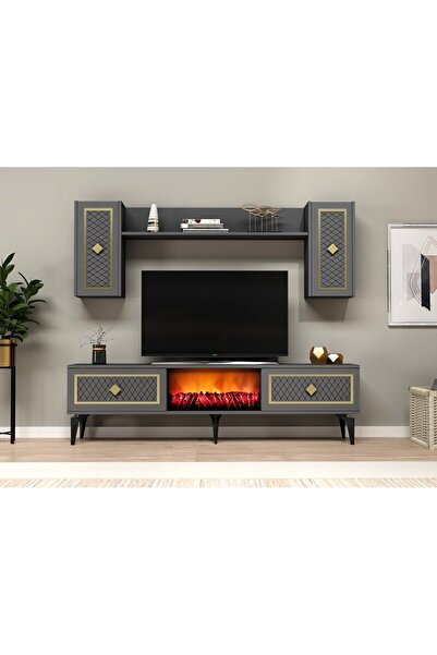 DEMONTE DECOR Herry Tv Ünitesi Şömineli Takım Antrasit Altın