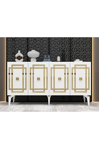 DEMONTE DECOR LOTUS KONSOL 4 KAPAKLI RAFLI KONSOL BEYAZ ALTIN