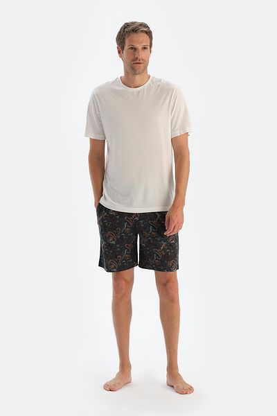 Dagi Ecrufarbenes Pyjama-Set mit Schalmuster, Rundhalsausschnitt, kurzen Ärmeln, T-Shirt und Shorts