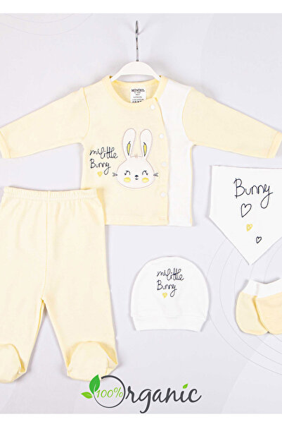 Miniel Yenidoğan Unisex Bebek Little Bunny Nakışlı 5'li Organik Pamuklu Yenidoğan Bebek Hastane Çıkış Seti