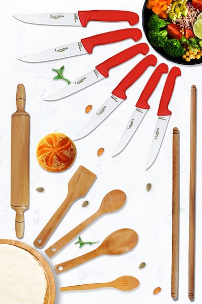 LAZBİSA Silver Series - Kitchen Knife and Montessev Wooden Board Set (13 Pieces)
