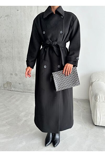 Laluvia Černé nárameníky dlouhý kabát s knoflíky a páskem-54476