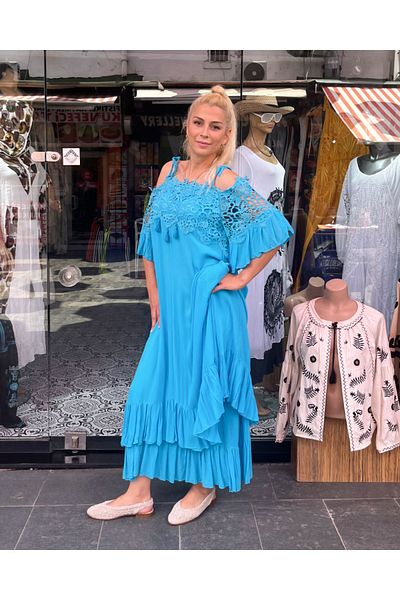 Sosyete Kaplumbağa Authentic Voile Cotton Strapless Guipure Detailed Turquoise Maxi Dress with Pockets