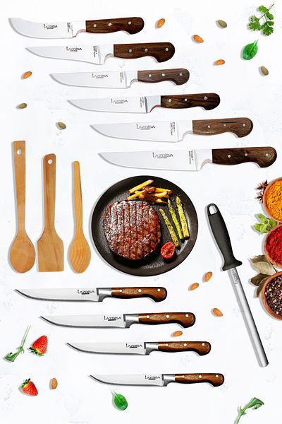 LAZBİSA Hand Craft Series - Kitchen Knife Set 14 Pieces, Masat and Montesev Wooden Spoon Set