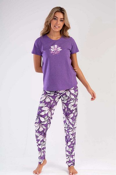 New Pajamas Purple Floral Patterned Women's Pajamas Set - Short Sleeve, Crew Neck, Oval Skirt